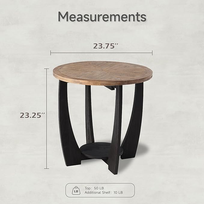Rustic Farmhouse End Table -2P, French Country Accent Side Table for Family, Dinning or Living Room, Small Spaces, Modern, Round, Black End Table