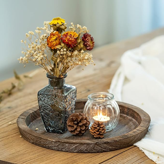 Romadedi Rustic Wooden Tray Candle Holder - Small Decorative Plate Pillar Candle Tray Wood for Farmhouse Kitchen Countertop Coffee Table Organizer Home Decor Wedding Centerpiece, Size L-2pcs