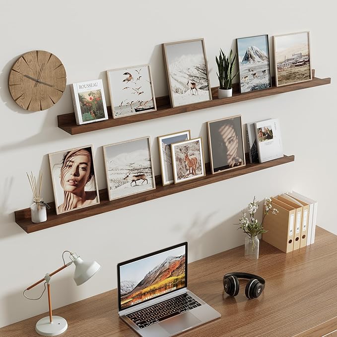 Oak Picture Ledge Shelf,Floating Wall Mounted Shelves, Black Shelves for Wall Decor, Modern Picture Ledge Shelf with Lip for Storage, Bedroom, Living Room, Bathroom,Nursery Display