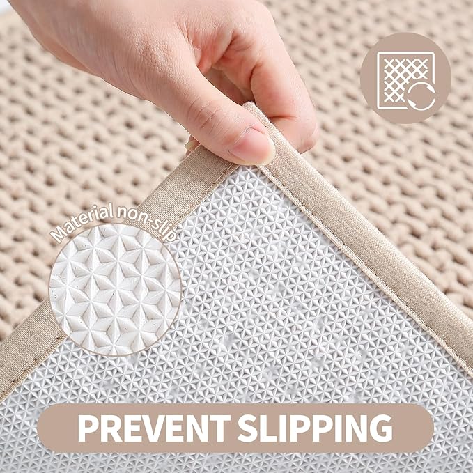 Washable Bathroom Rugs: 32x20 Beige Bath Mat – Non Slip Chenille Bathmat for Bathroom Floor & Shower