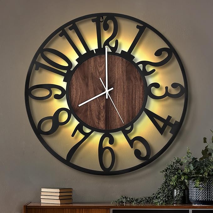 LEIKE Large Wall Clocks with Night Light Battery Operated,Silent Non Ticking,Rustic Modern Big Wood Clock for Living Room, Bedroom,Kitchen,Farmhouse,Office,Home Decor-24 Inch(Black-Arabic Number)