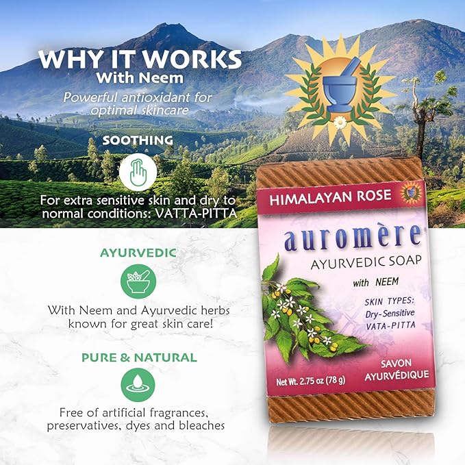 Auromere Ayurvedic Bar Soap, Himalayan Rose - Eco Friendly, Handmade, Vegan, Cruelty Free, Natural, Non GMO (2.75 oz), 2 pack