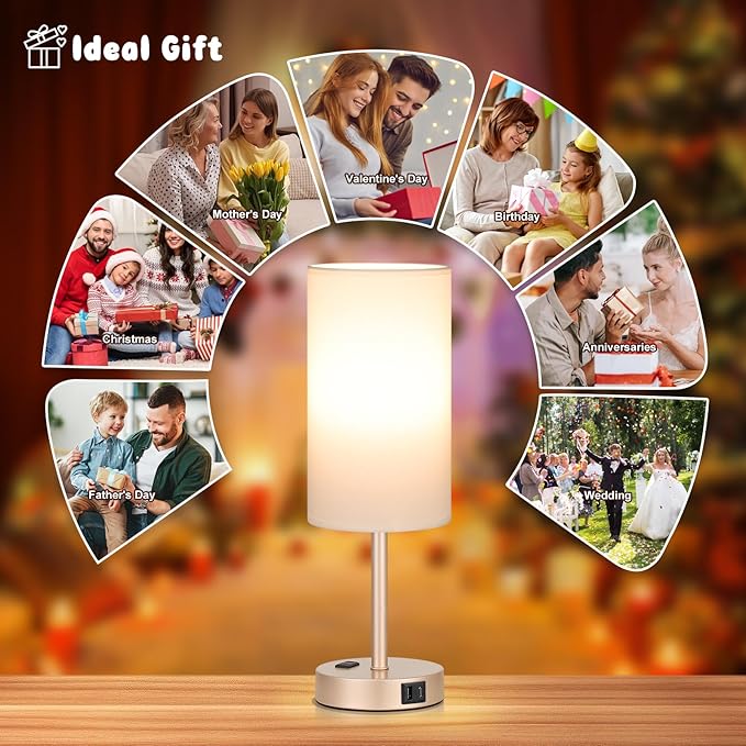 17inches Tall Touch Bedside Table Lamps Set - 3 Way Dimmable Bedroom Lamp Set of 2 with USB C and A Ports, Lamps for Nightstand with AC Outlet, Gold Base Round Flaxen Shade for Desk, Office, Dorm