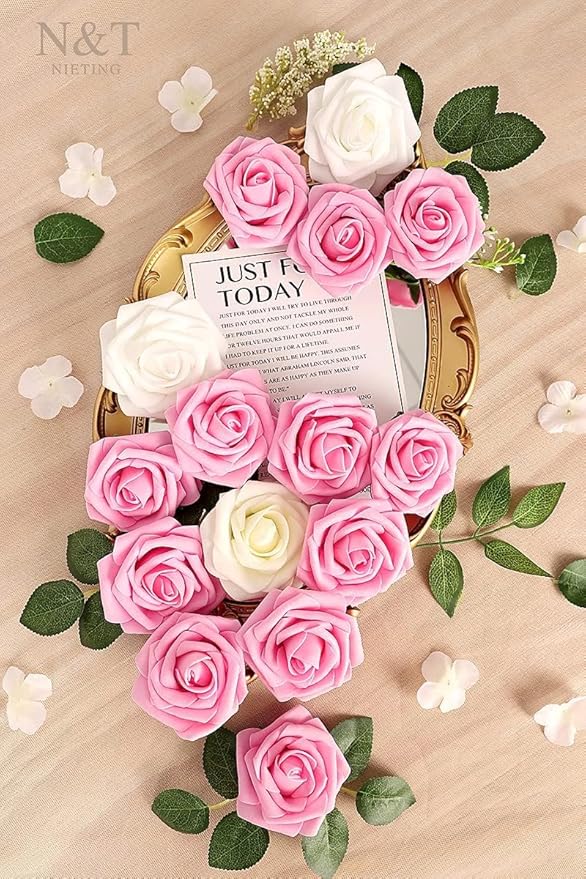 N&T NIETING Artificial Flowers Pink Roses, 25Pcs Fake Flowers Foam Roses with Stems for DIY Wedding Bridesmaid Bridal Bouquets Centerpieces Party Home Decoration Baby Shower