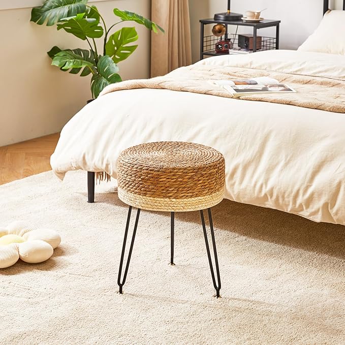 YMYNY Pouf Ottoman, Handmade Natural Water Hyacinth, Pastoral Style Footrest, Footstool with 4 Metal Legs Round Vanity Stool for Bedroom, Hallway, Living Room 12.59"L×12.59"W×17.71"H White UHBD029W