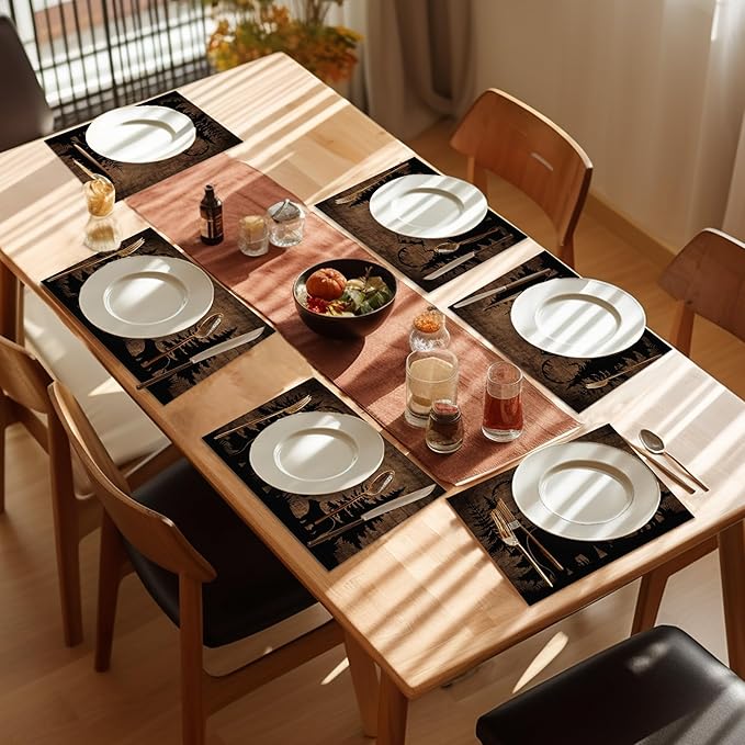 Bear Lodge Placemats Set of 6,Washable Heat Resistant 12×18 Inch Linen Table Mats Farmhouse Wooden Place Mats for Party Outdoor Dining Décor