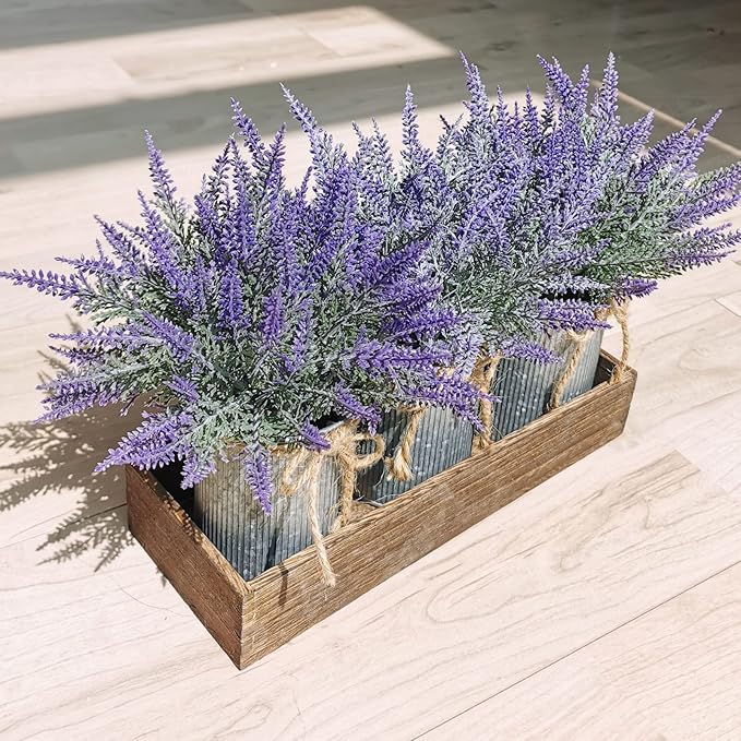 Set of 3 Small Potted Plants Arrangement Artificial Lavender Flower Plants in Rustic Galvanized Metal Pots with Decorative Wood Tray for Farmhouse Table Centerpiece Windowsill Country Indoor Decor