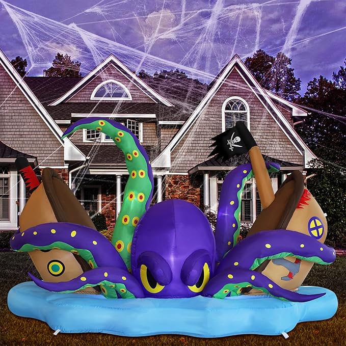 Juegoal Halloween Inflatable Lighted Giant Octopus Attacked Pirate Ship, 7.5FT Long Spooky Purple Octopus & Haunted Ship with Lights, Animated Halloween Yard Prop, Outdoor Garden Lawn Blow up Decor