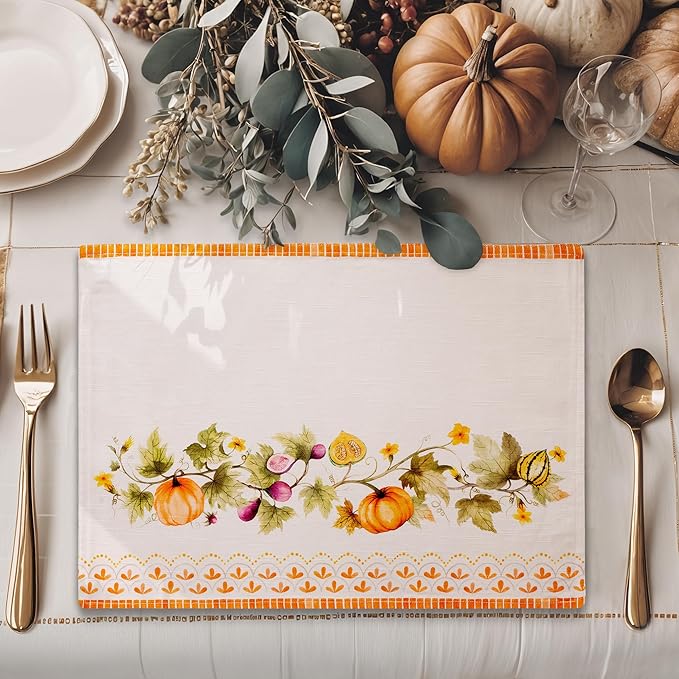 Maison d' Hermine Placemats Set of 4 100% Cotton Washable Cloth Place Mats, Reusable Table Mats for Kitchen Dining Decoration, Party, Wedding, Restaurant (Pumpkin Garden - Cloudy Cream, 13" x 19")