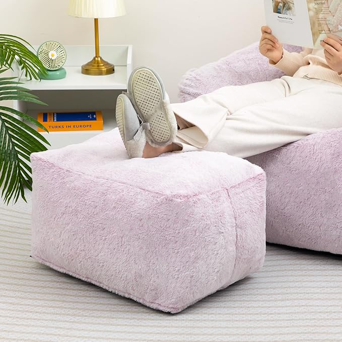 HollyHOME 15"(H) Bean Bag Ottoman Pouf, 6.6LB Memory Foam Filled Footstool for Sofa, Accent Stuffed Footrest Stool with Washable Cover, Single Footrest Stool for Living Room, Bedroom, Purple&Grey