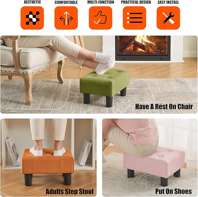 BRIAN & DANY Small Foot Stool, Linen Foot Stools with Legs, Stable Small Footstool for Living Room, Pink