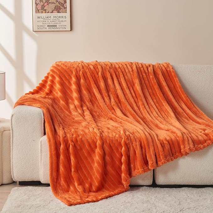 NEWCOSPLAY Super Soft Fall Twin Blanket Orange Premium Silky Flannel Fleece 3D Ribbed Jacquard Lightweight Bed Blanket All Season Use (Orange Ribbed, Twin(60"x80"))