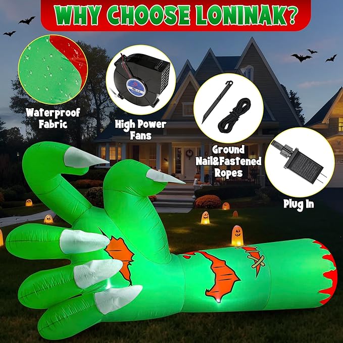 Halloween Inflatables, 9Ft Monster Hand Decorations, Scary Blow Up inflatables with Built-in LEDs, Blood Wound Lighted Yard Decorations, for Indoor Outdoor Holiday Yard Garden Lawn