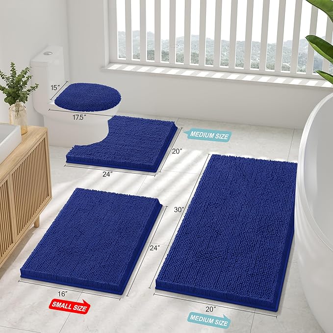Smiry Luxury Chenille Bathroom Rugs 24x16, Extra Soft and Absorbent Shaggy Bath Mat, Machine Washable, Non-Slip Plush Carpet Runner for Tub, Shower, and Floor, Home Decor Accessories, Royal Blue