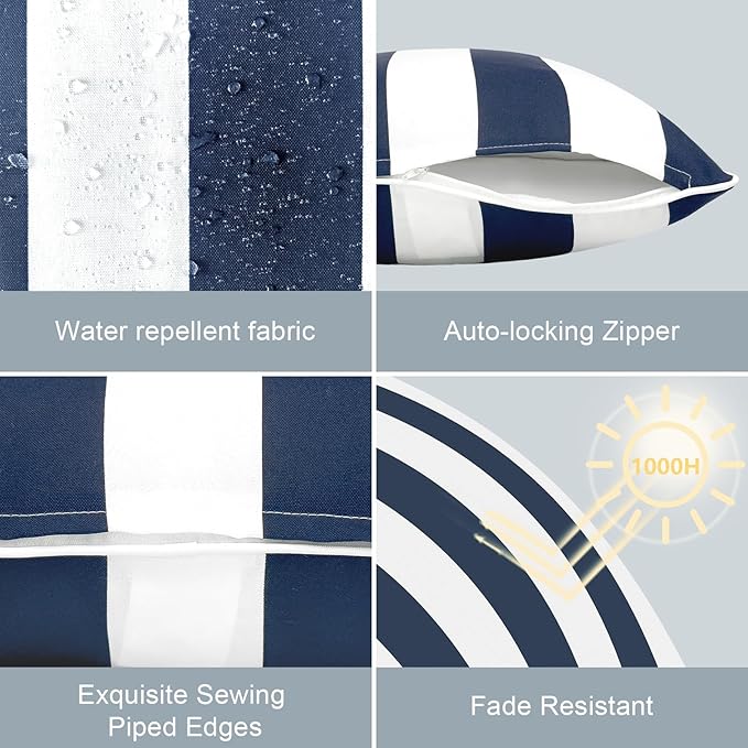 LVTXIII Outdoor Throw Pillow Covers Set of 2, Patio Waterproof Pillow Cases Fade Resistant Accent Pillow Covers for Home and Garden Furniture Decoration, 18"x18", Cabana Navy