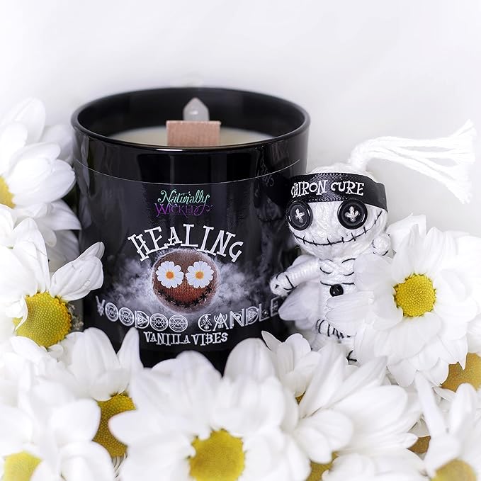 Naturally Wicked Voodoo Healing Candle Set - Inc. Voodoo Doll, Crystal, Wood Wick, Vanilla Vibes Scent & Gift Box
