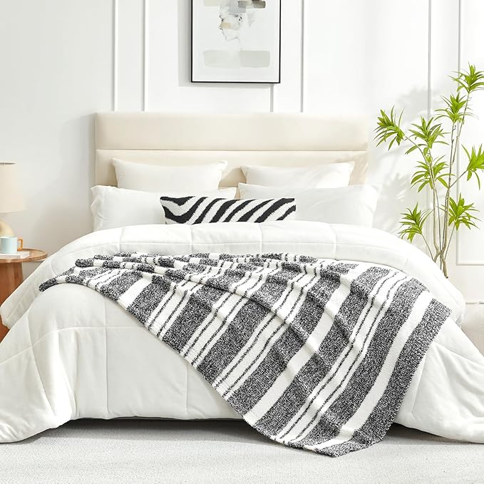 Snuggle Sac Black White Stripe Twin Size Reversible Super Soft Bedding Blanket, 60x80 inches