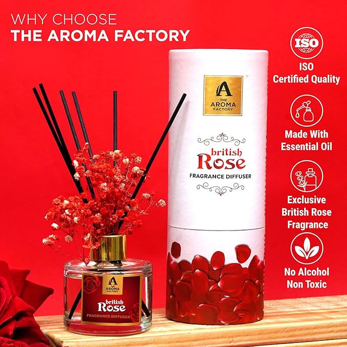 The Aroma Factory Fragrance Reed Diffuser Set with Natural Essential Oil, Aroma Sticks & Real Preserved Flowers | Luxury Home Decor Scent (British Rose, 1 Pack)