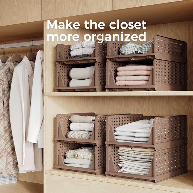 Pinkpum 4 Pack Folding Closet Organizers Storage Box, Stackable Plastic Drawer Basket for Clothing, Stackable Storage Bins Shelf Storage Container for Closet Wardrobe Bedroom Bathroom Office (Toffee)