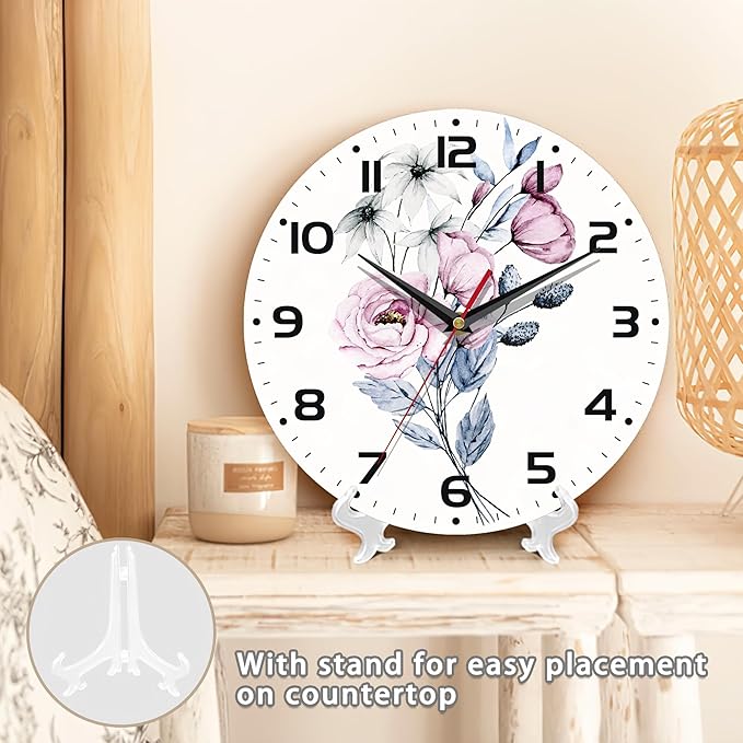 Clock for Living Room, Watercolor Floral Wall Clock, Contemporary Home Decor Easy to Read Wall Clock for Living Room, Bedroom, Bathroom and Kitchen, 10 Inch