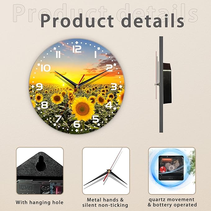 Clock for Living Room, Sunflowers Fields Under The Sunshine Wall Clock, Contemporary Home Decor Easy to Read Wall Clock for Living Room, Bedroom, Bathroom and Kitchen, 10 Inch
