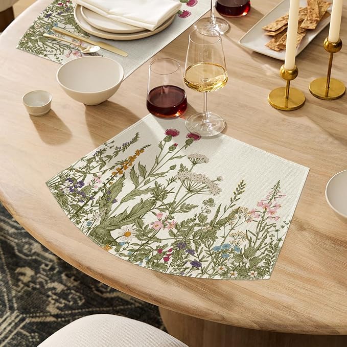 Artoid Mode Wild Flower Round Table Summer Wedge Placemats Set of 4, Seasonal Kitchen Dining Table Decoration for Indoor Party Home