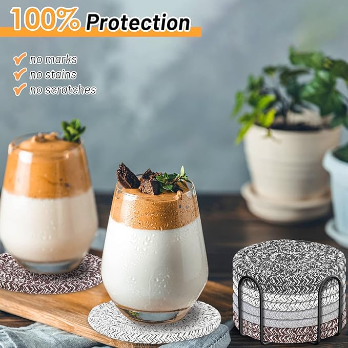Mckanti 8 Pcs Coasters for Drink with Holder, 4 Colors Absorbent Coasters for Drinks, Minimalist Cotton Woven Coaster Set for Home Decor Tabletop Protection Suitable for Kinds of Cups, 4.3 Inches.