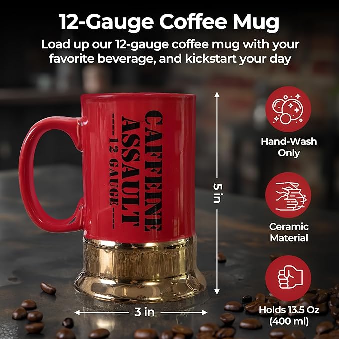 Caliber Gourmet 12-Gauge Shotgun Shell Ceramic Coffee Cup/Mug - Bold Red, Perfect Novelty Gift for Hunters & Gun Enthusiasts, Birthdays, Father's Day, Christmas & More - Funny, Quirky, and Functional