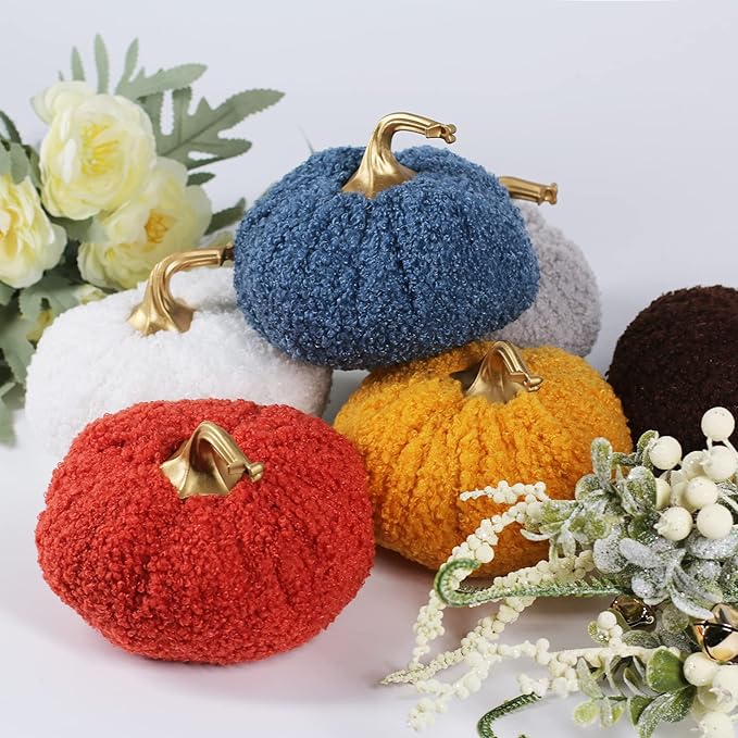 Ogrmar 6 Pack Fabric Artificial Pumpkins Set Teddy Velvet Decoration Pumpkins Lifelike Harvest Pumpkins for Halloween Fall Harvest Festival, Thanksgiving Decoration