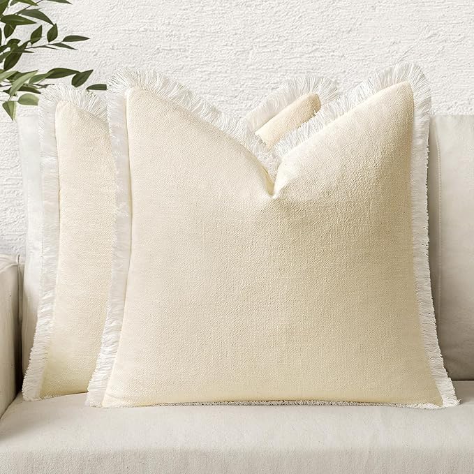 MIULEE Decorative Throw Pillow Covers Neutral Linen Fringe Throw Pillows Set of 2 Cream White Boho Farmhouse Cushion Covers with Tassels for Couch Sofa Bed Living Room Spring Home Decor 18x18 Inch