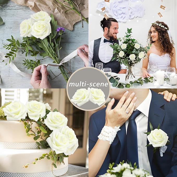 Artificial Flowers Milk White Roses 50PCS Real Looking Foam Fake Roses with Leaves and for DIY Wedding Bouquets Bridal Shower Centerpieces Party Decorations (Ivory)