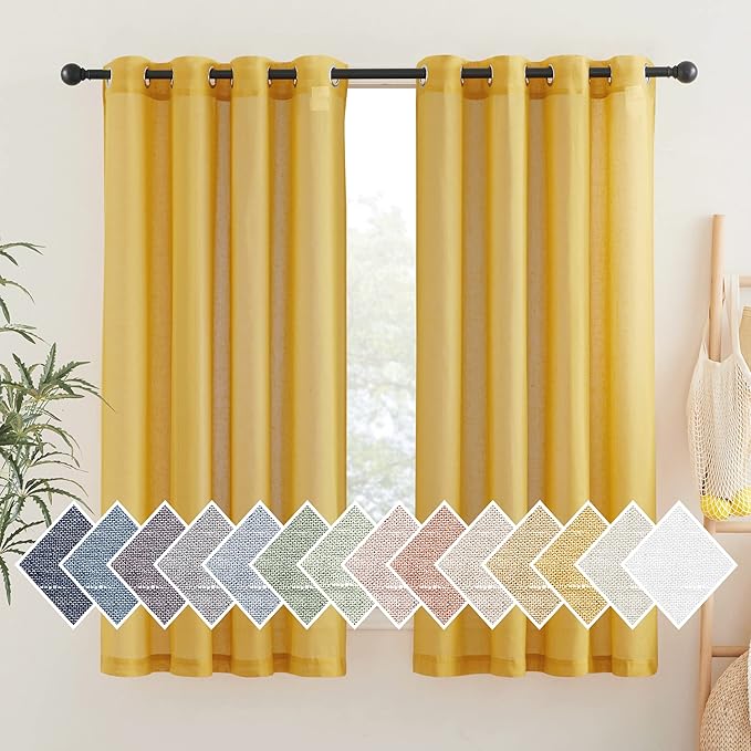 NICETOWN Linen Sheer Gold Curtains 63 inch Length 2 Panels, Grommet Natural Linen Flax Window Drapes Privacy with Light Filtering Curtains for Bedroom, Citrine, W52 x L63
