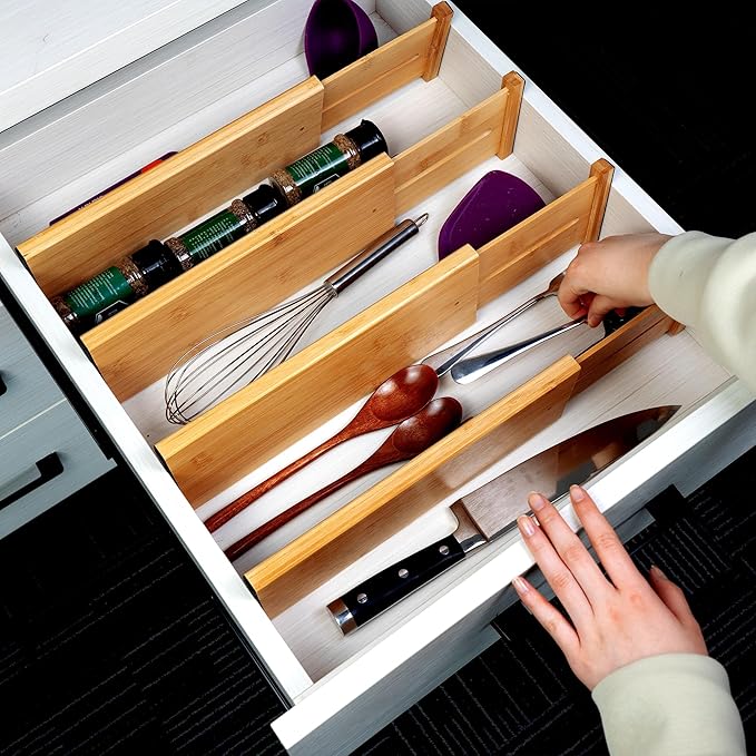 Utoplike Bamboo Dresser Drawer Dividers, 4'' High Adjustable Drawer Organizers for Clothing, Spring Loaded, Works in Kitchen, Bathroom, Bedroom, Drawer, Desk, 4 PCS