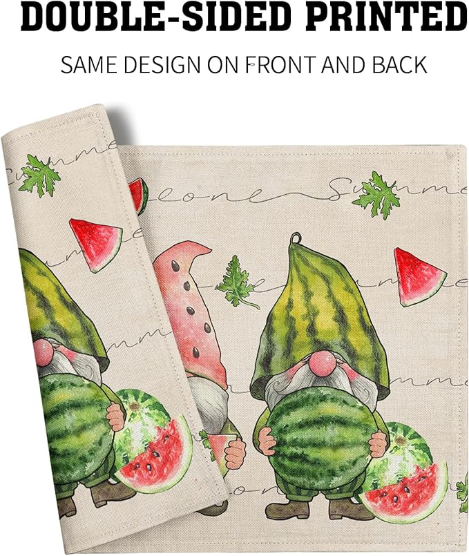 Summer Watermelon Gnomes Placemats Set of 4 12 x 18 Inch,Watercolor Red Watermelon Washable Kitchen Mats Seasonal Place Mat for Kitchen Dining Table Decor