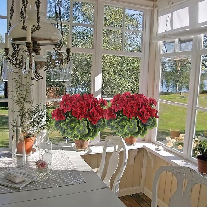 2 Pcs Artificial Geraniums for Outdoor Silk Geranium Flowers Red Artificial Geranium Bush Faux Flowers Geraniums Branch for Garden Patio Grave Cemetary Vase Table Centerpiece Indoor Decor