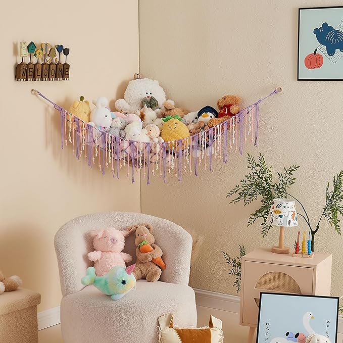 Pretty Jolly Stuffed Animal Storage Hammock with Wooden Beads Corner Hanging Net Boho Tassel for Toy Plush Holder for Kid Room Nursery Decor Wall Display Organizer for Girls Boy Gift(Purple)