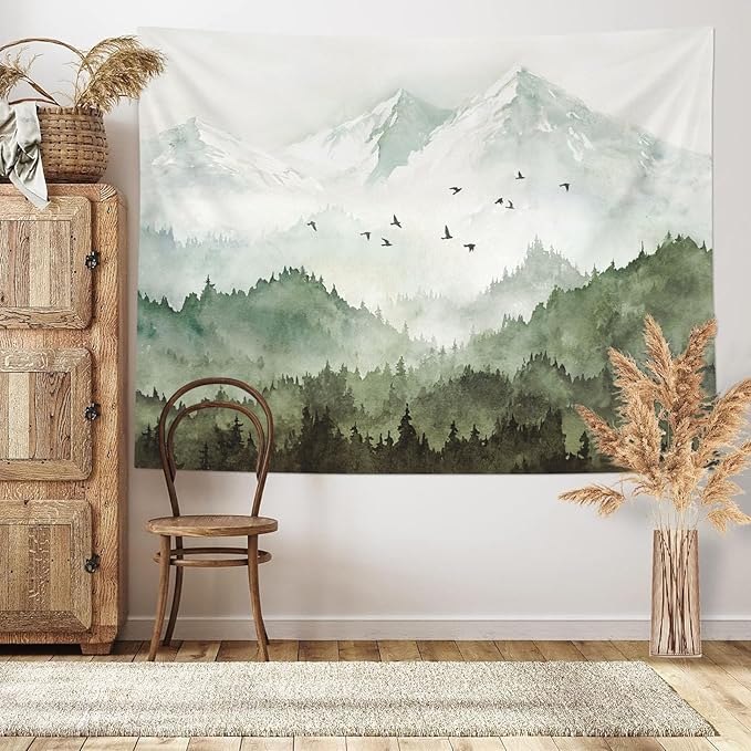 kampdream Mountain Forest Tapestry, Misty Foggy Sage Green Tree Landscape Watercolor Art Wall Tapestries, Nature Scenery Tapestry for Bedroom Living Room Backdrop 60×80 inch