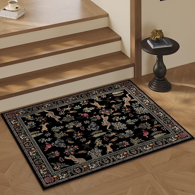 Door Mat Indoor Entrance 2x3 Rug Machine Washable Boho Floral Animal Small Area Rug Non-Slip Low Pile Throw Rugs for Entryway, Kitchen, Front Door Indoor Entrance, Entry, Kids Room (Black)