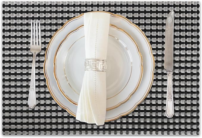 Vinyl Plastic Placemats Set of 6 Washable Heat Resistant Non-Slip Elegant Indoor Outdoor Kitchen Dining PVC Woven Table Place Mats (Black Silver Weaving)