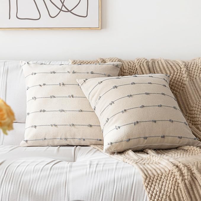 Boho Throw Pillow Covers 24x24 Set of 2 Modern Farmhouse Decorative Cushion Case Tufted Square Pillows Cover Neutral Pillow Cases Accent Pillowcase for Sofa,Couch,Bed,Beige and Grey