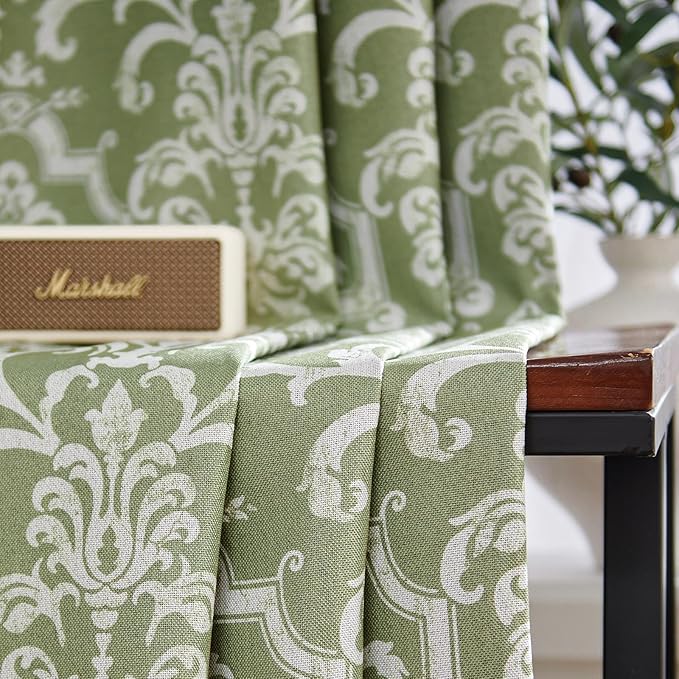 jinchan Room Darkening Curtains for Bedroom Sage Green Damask Patterned Curtains 84 Inch Length for Living Room Linen Textured Vintage Drapes Medallion Window Treatments Grommet Top 2 Panels Set