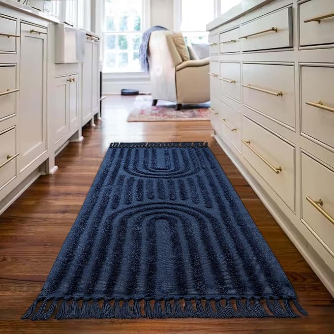 LEEVAN Washable Kitchen Runner 2'X5', Hand-Woven Bathroom Rug With Tassels, Dark Blue Entryway, Tufted Rainbow Bedroom, Farmhouse Hallway for Laundry/Living Room