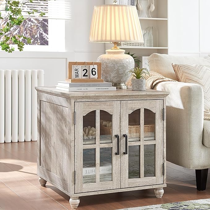 Farmhouse End Table Set of 2 with Charging Station, 18'' Narrow Side Table and 24" Large Sofa Table with Glass Barn Door Storage, Wood Night Stand Bedside Cabinet for Living Room,Bedroom