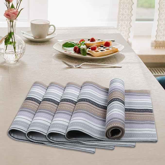 Urban Villa Christmas Placemats Grey Multi Stripes 100% Cotton Fused Tablemats for Dining Size 14''x20'' Set of 6 Placemats for Christmas Celebrations Wedding Parties Every Day Use Heavier Quality
