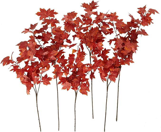 MISSPIN Thanksgiving Decorations 6 PCS Fall Decor Artificial Silk Maple Leaves Branches Set 35.43 Inch Fall Stems Faux Maple Leaves for Wedding Bouquet Table Centerpieces