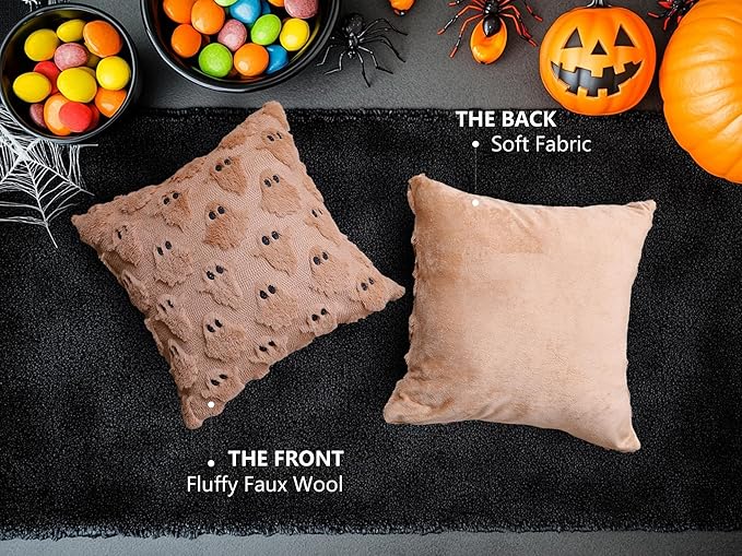 4TH Emotion Halloween Ghost Decorative Pillow Covers 20x20 Set of 2, Light Brown Soft Plush Faux Fur Farmhouse Throw Cushion Cases for Fall Autumn Holiday Home Decorations