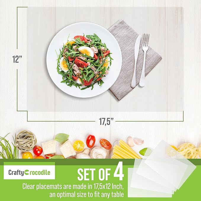 CraftyCrocodile Clear Plastic Placemats Set of 4 - Vinyl Table Protector for Dining, Kitchen, Office, Painting Table, Shelves - Heat Resistant, Crystal Clear, Wipeable Place Mats - 17.5x12