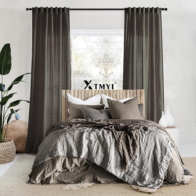 XTMYI Brown Linen Curtains Drapes for Living Room Bedroom 108 Inch Curtains Long 2 Panels Semi Sheer Window Treatments for Dining Room