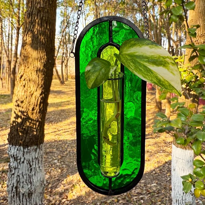 LITMIND Transparent Green Stained Glass Propagation Station - Handcrafted Suncatcher Hanging Planter with 2 Glass Tubes, Multi-Color Hydroponic Wall Décor for Windows, Home & Garden