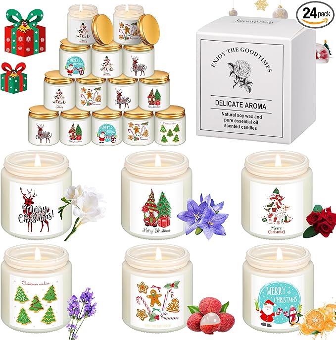 MTLEE 24 Pack Christmas Scented Candles Bulk 7 oz Jar Candles Aromatherapy Long Lasting Candles for Gifts Holiday Meditation Relaxing Spa Home Yoga, 6 Fragrance (Cute,Fresh Scent)